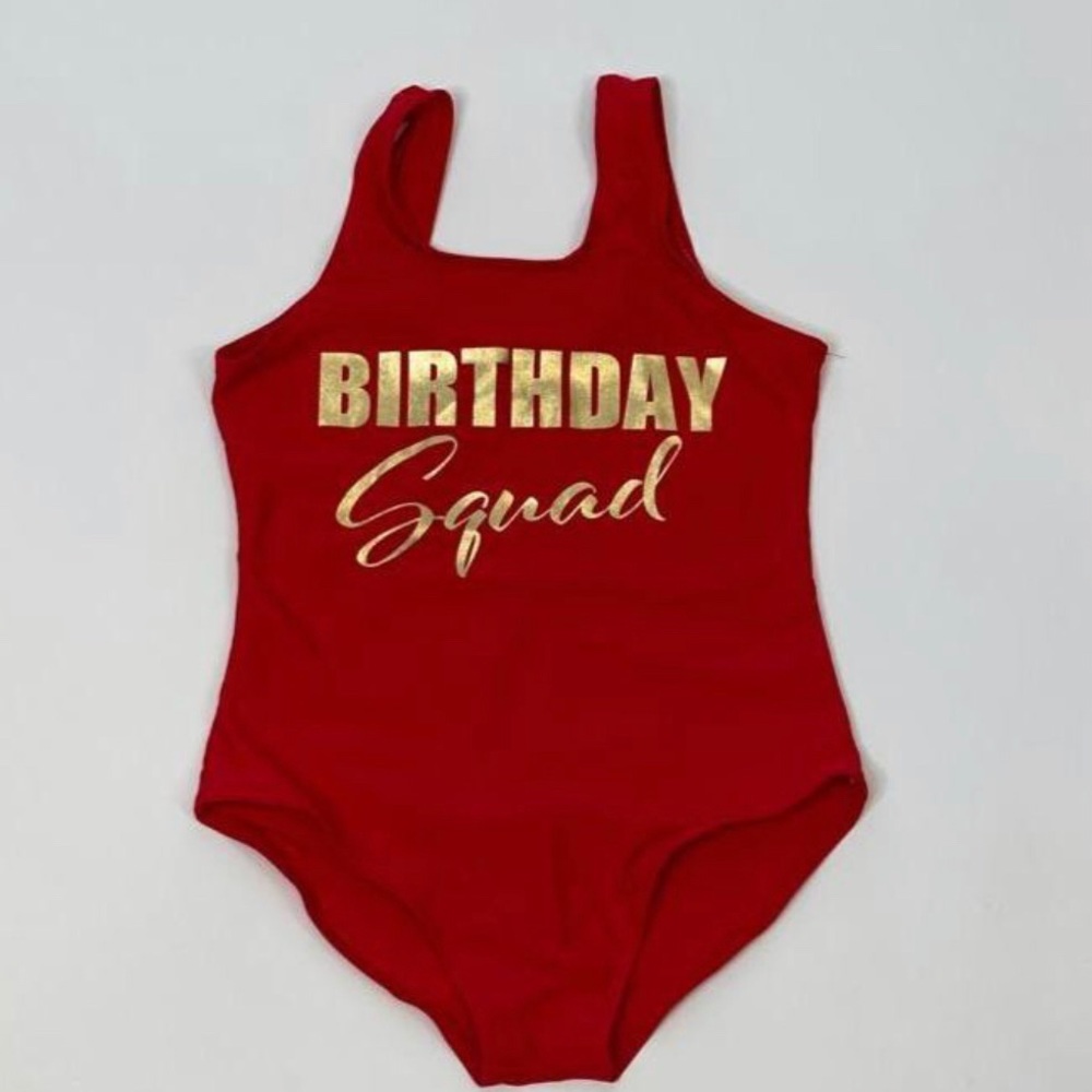 SUMMER 🥶SALE 
Kids Red Swimsuit"Birthday Squad" In Gold Glitter